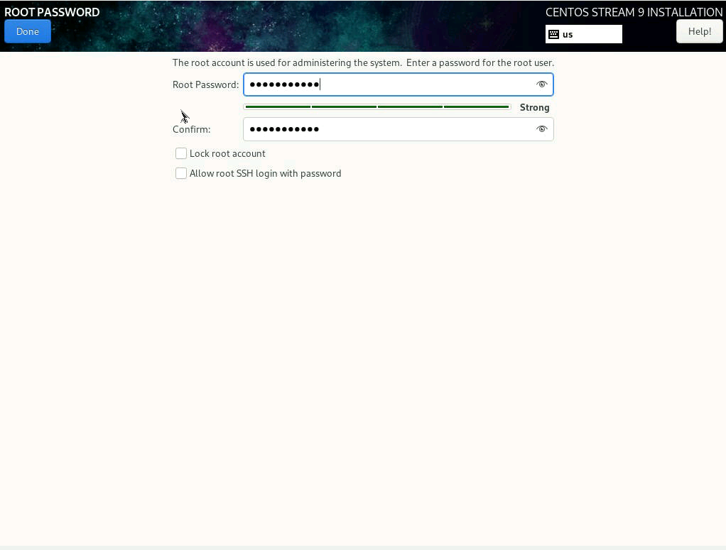 Set root password and create user